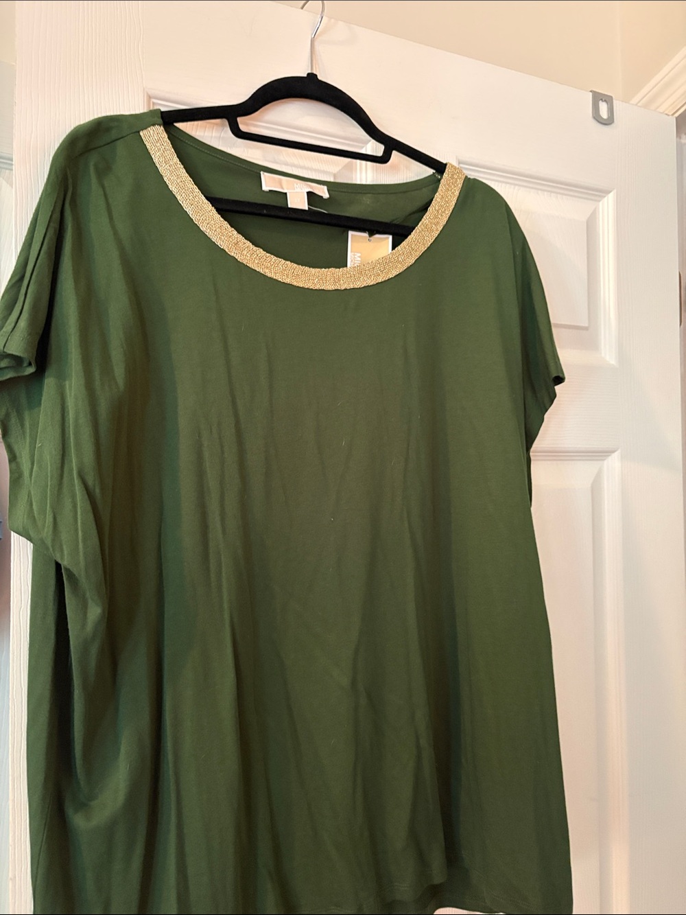 Michael Kors Olive Green Short Sleeve Top with Gold Neckline
